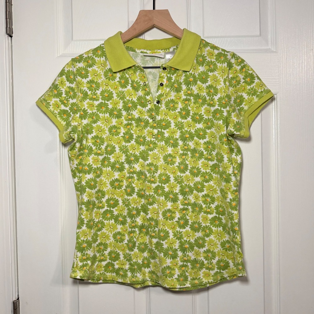 VTG 1990s Liz Claiborne Green Daisy Floral Polo Shirt Womens M Snap Button top